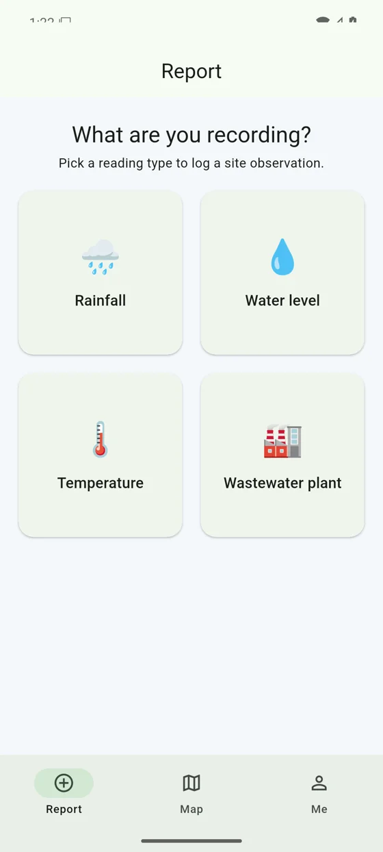 CitizenFlood Android reporting screen with rainfall, water level, temperature, and wastewater options