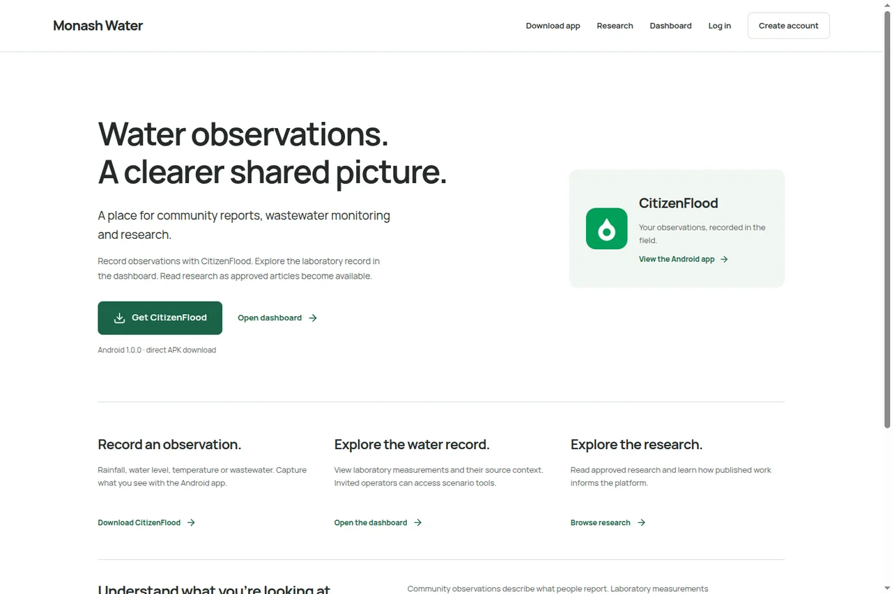 Monash Water Platform public website introducing community reporting and wastewater monitoring