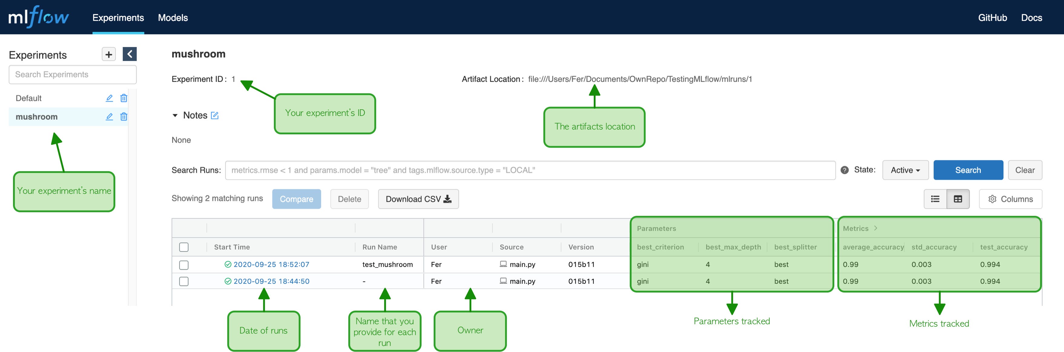 The MLflow tracking UI